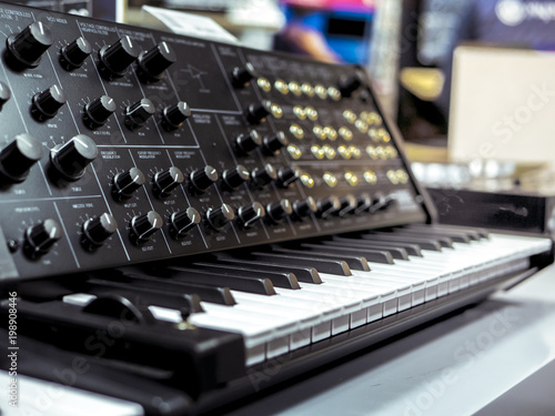 Photography vintage analig synthesizer with piano keys close up