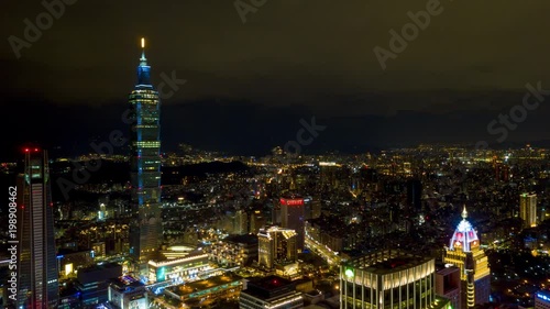 night illuminated taipei cityscape famous tower aerial panorama 4k timelapse taiwan
 photo