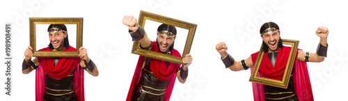 Obraz na płótnie Gladiator holding picture frame isolated on white w salonie