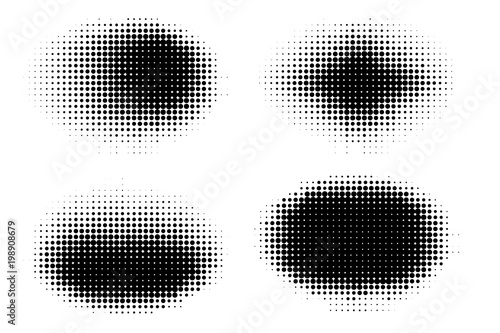 Set of halftone dots vector oval shapes. Abstract dotted stippling shapes. Monochrome halftone gradient shape set.