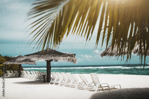 True tilt-shift shot of the row of a plastic white recliners on the beach resort with several sunshades, teal ocean and the horizon in background and the palm leaves in foreground, selective focus