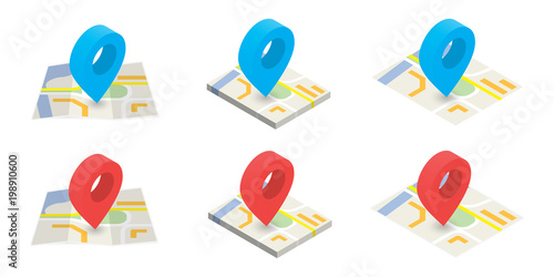 Isometric location on map color vector icons set on white background