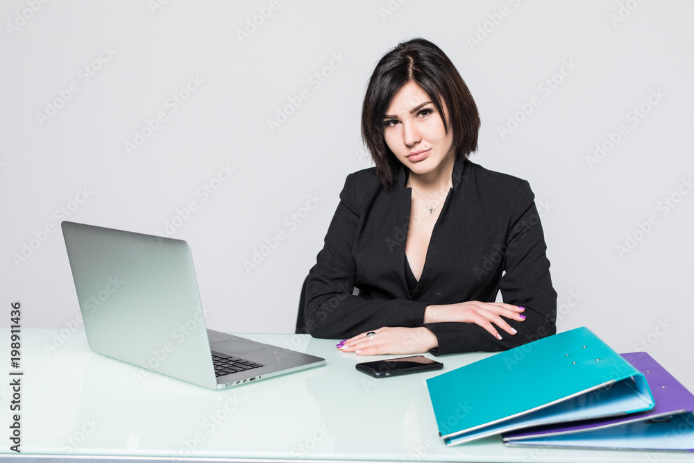 beautiful business woman smile sitting at the desk working using laptop looking at screen isolated over white background beautiful business woman smile sitting at the desk working using laptop looking at screen isolated over white background
