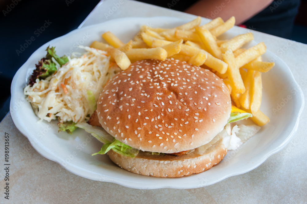 Classic Beef Burger with French Fries and Coleslaw Stock Photo Adobe