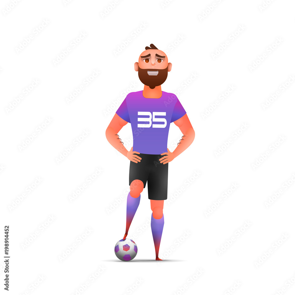 Soccer. Cool vector soccer football player standing full length, isolated. Soccer player in uniforms standing with ball. Sport professional career