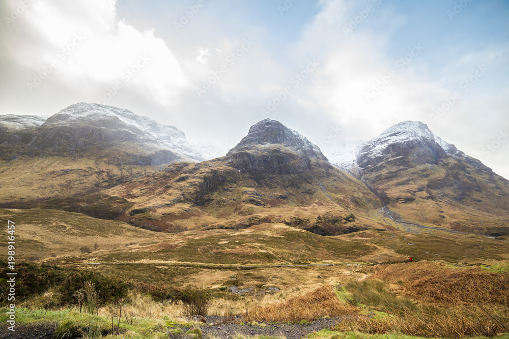 Scotland highlands near Glencoe, beautiful winter landscape for travel and hiking.