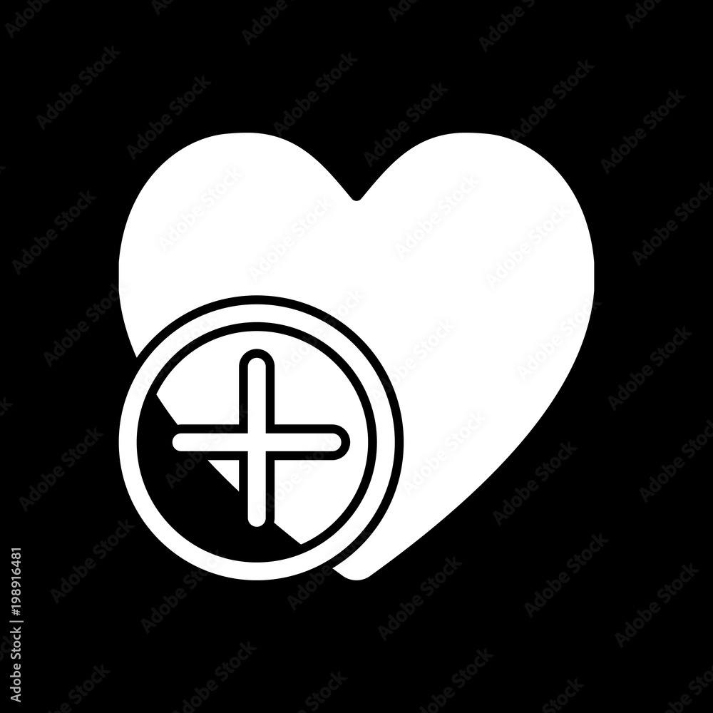 heart and plus. simple silhouette. White icon on black background. Inversion heart and plus. simple silhouette. White icon on black background. Inversion