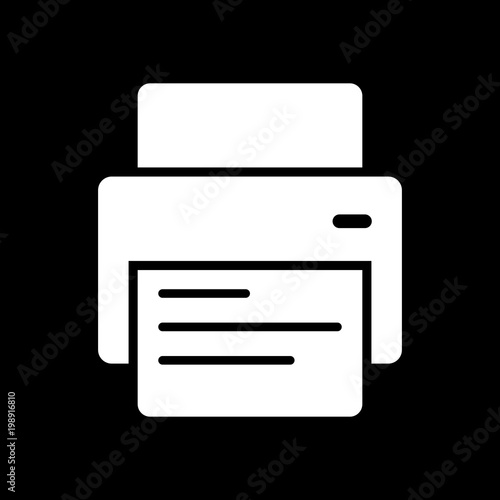 printer and paper. White icon on black background. Inversion