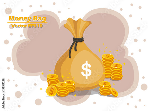 Money bag and gold coins vector EPS10 icon with dollar sign. color and Background. Gift and decorative element.