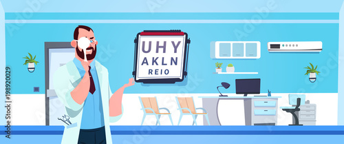 Male Doctor Oculist Making Ophtalmology Test Standing Over Modern Hospital Or Clinic Interior Background Flat Vector Illustration