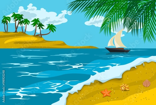 Fototapeta Naklejka Na Ścianę i Meble -  Editable Detailed Summer Beach Landscape Panorama With Ship and Island Vector Illustration for Vacation or Summer Seasonal Themed and Children Book Project