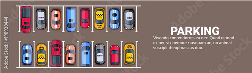 Parking Space Top View With Set Of Colorful Cars, Park Zone Horizontal Banner With Copy Space Flat Vector Illustration