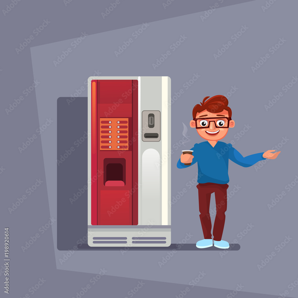 Man Buy Coffee Or Tea In Vending Machine Over Grey Background Flat Vector Illustration Man Buy Coffee Or Tea In Vending Machine Over Grey Background Flat Vector Illustration