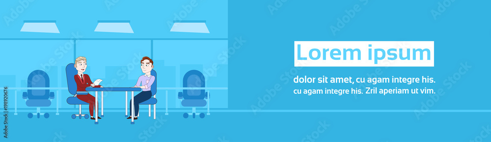 Fototapeta premium Two Business Men Interview Meeting For Vacancy Position Hr Manager And Employee Sitting At Office Desk Talking Horizontal Banner Vector Illustration