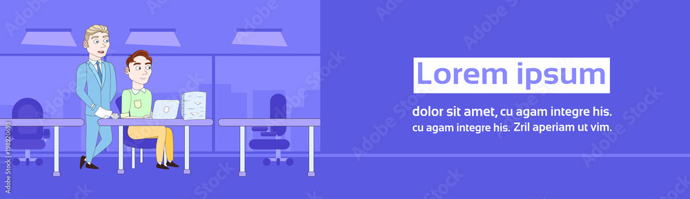 Business Man Explain Male Cleck Papperwork With Documents And Laptop Sitting At Office Desk Horizontal Banner Vector Illustration Business Man Explain Male Cleck Papperwork With Documents And Laptop Sitting At Office Desk Horizontal Banner Vector Illustration