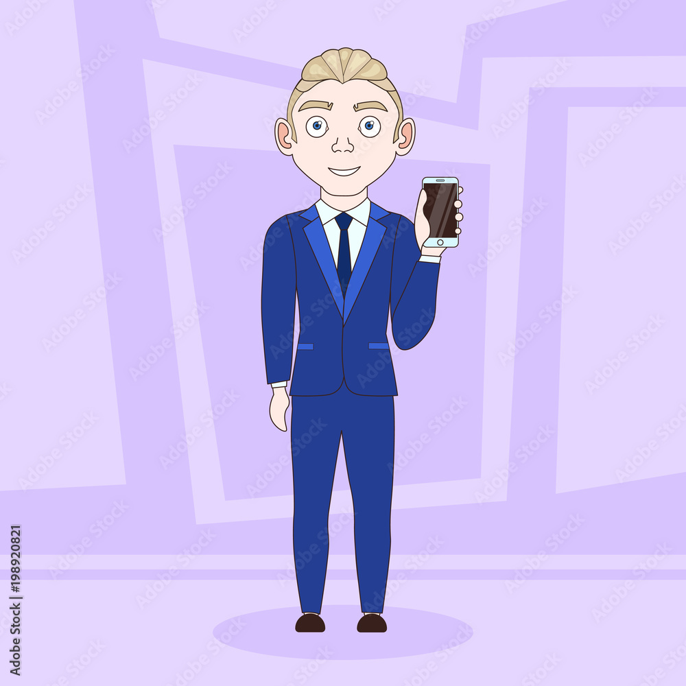 Cartoon Business Man In Elegant Suit Hold Cell Smart Phone Over Abstract Background Vector Illustration Cartoon Business Man In Elegant Suit Hold Cell Smart Phone Over Abstract Background Vector Illustration