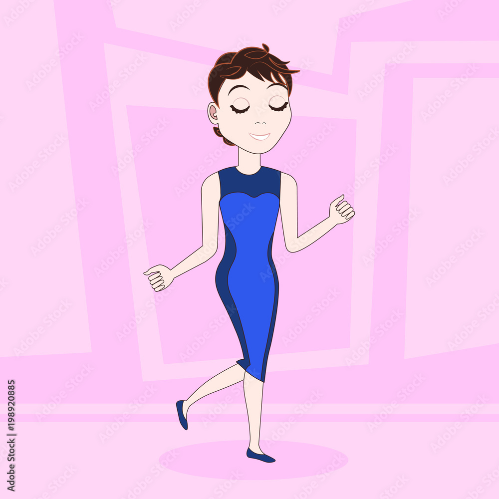 Cartoon Woman In Elegant Dress Funny Dancing Over Abstract Pink Background Vector Illustration Cartoon Woman In Elegant Dress Funny Dancing Over Abstract Pink Background Vector Illustration