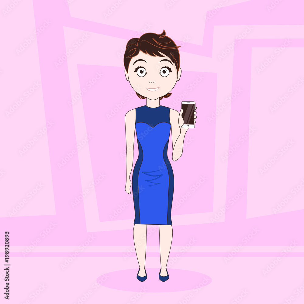 Cartoon Woman In Elegant Dress Show Empty Screen Of Cell Smart Phone Over Abstract Pink Background Vector Illustration Cartoon Woman In Elegant Dress Show Empty Screen Of Cell Smart Phone Over Abstract Pink Background Vector Illustration