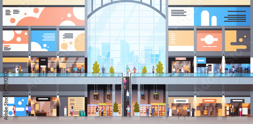 Modern Shopping Mall Interior With Many People Big Retail Store Flat Vector Illustration