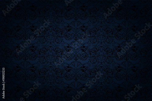 vintage Gothic background in dark blue and black with a classic Baroque pattern, Rococo