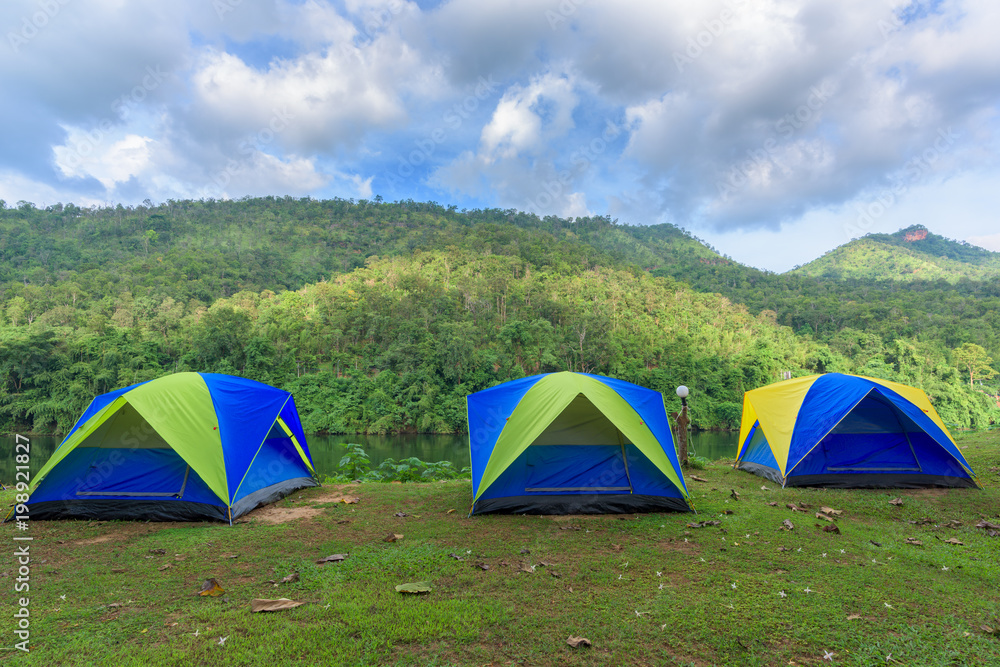 Camping and tent near river with view mountain