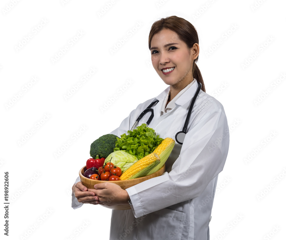 Portrait of beautiful asian young doctor holding the mix fresh vegetables in wooden bowl on white background, include clipping path, Healthy food concept, Portrait of beautiful asian young doctor holding the mix fresh vegetables in wooden bowl on white background, include clipping path, Healthy food concept,
