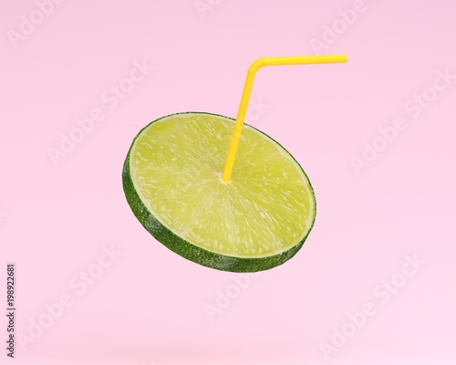 Lemon juice, Lime slice with Straw on pastel pink background. minimal fruit concept. Idea creative foods and drinks that are typically enjoyed at summer weather and summer festivals around the world