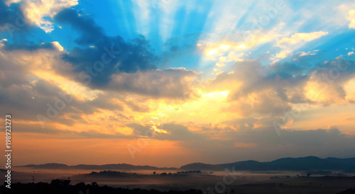 photography with silhouette panorama and landscape,morning with mist on sunrise so beautiful scene,sunset on hilltop with adventure and camping in vacation at Thailand