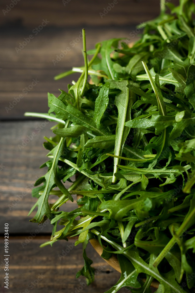 Fresh rucola with water droplets on a dark rustic background Fresh rucola with water droplets on a dark rustic background