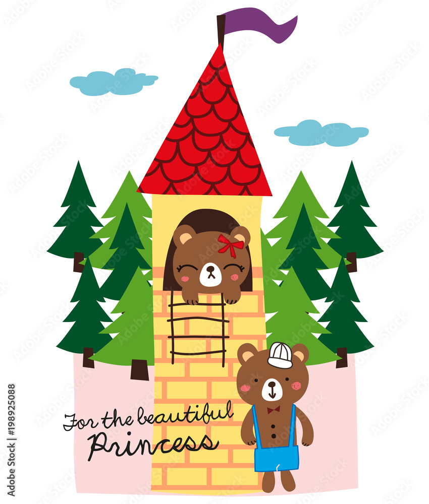 Stock vector princess and prince bear with castle cartoon Stock vector princess and prince bear with castle cartoon