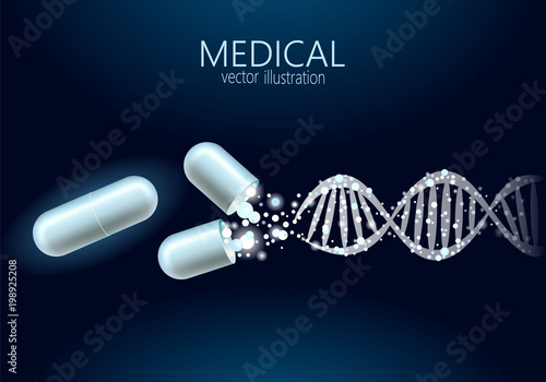 Science gene therapy molecular structure medical genome treatment background. Educational logo medicine center healthcare. Blue DNA sequence light 3d flat vector illustration