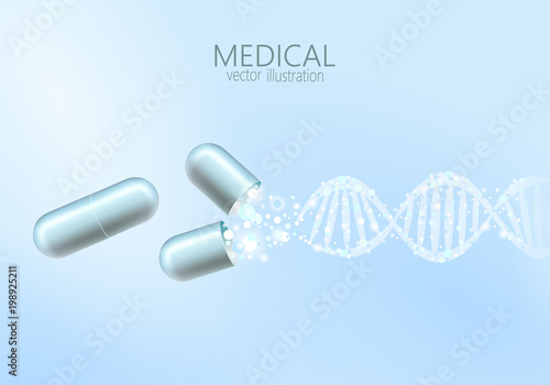 Science gene therapy molecular structure medical genome treatment background. Educational logo medicine center healthcare. Blue DNA sequence light 3d flat vector illustration