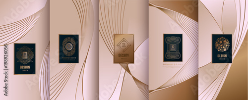 Collection of design elements,labels,icon,frames, for packaging,design of luxury products.for perfume,soap,wine, lotion.Made with golden foil.Isolated on line background.vector illustration