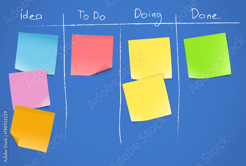 Set of blank paper notes on kanban board. Vector illustration. EPS10.