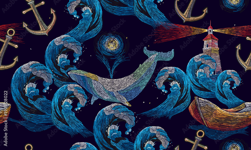 Obraz premium Embroidery whales and anchor, lighthouse, sea wave and boat seamless pattern. Template for clothes, t-shirt design. Art embroidery, big waves ocean, lighthouse and whales seamless pattern