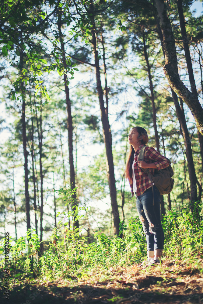 young woman walking in the forest young woman walking in the forest