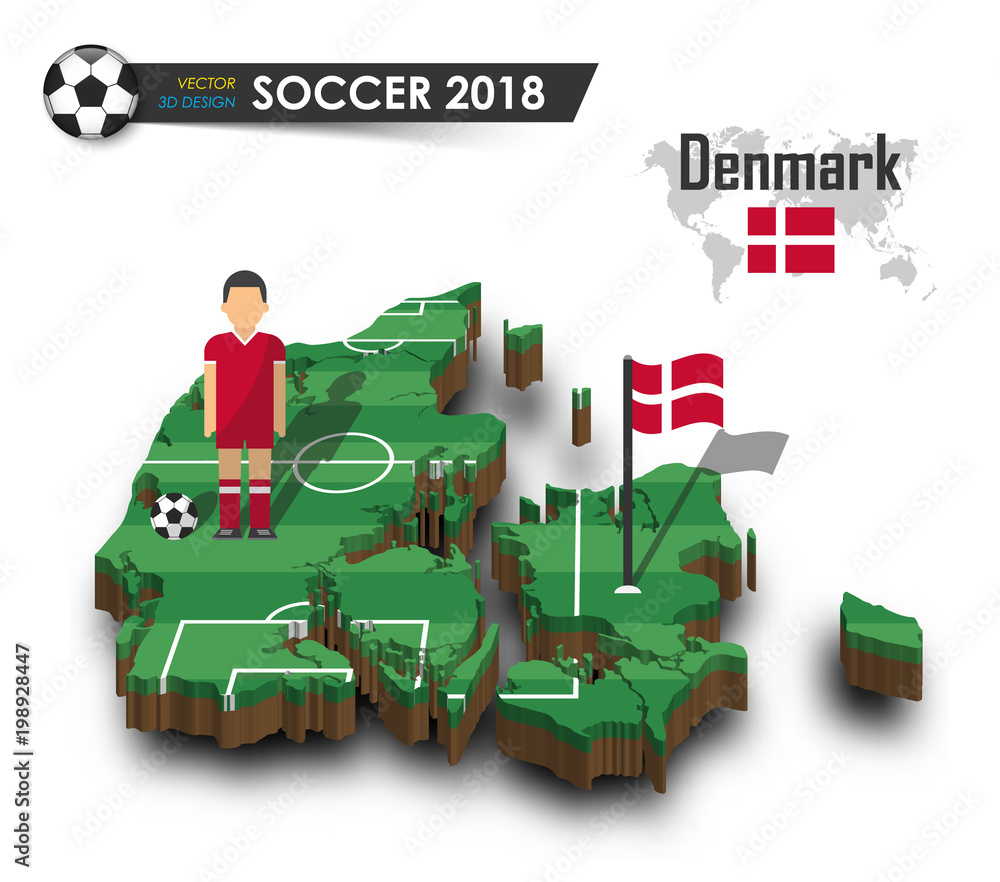 Denmark national soccer team . Football player and flag on 3d design country map . isolated background . Vector for international world championship tournament 2018 concept