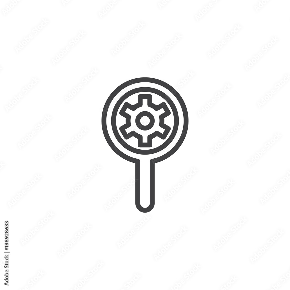 Obraz premium Magnifying glass with gear outline icon. linear style sign for mobile concept and web design. SEO, Search engine optimization simple line vector icon. Symbol, logo illustration. Pixel perfect vector