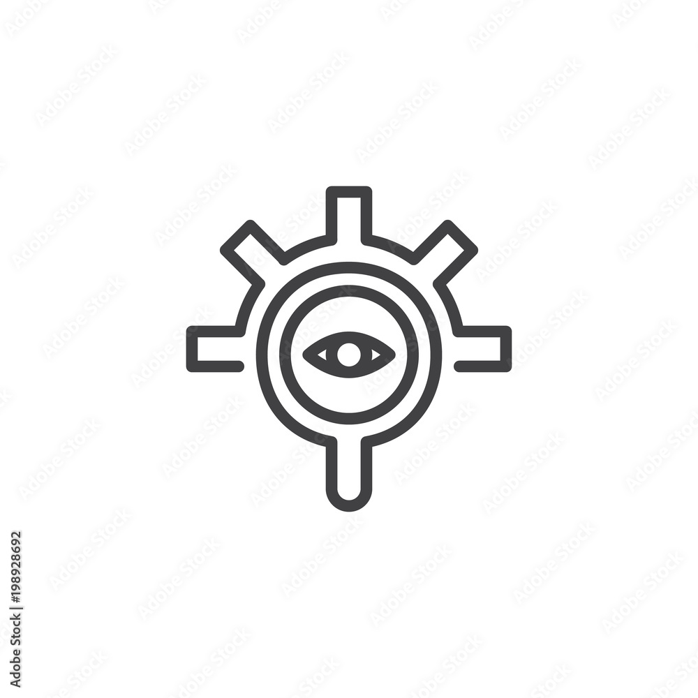Magnifying optical glass with Gear and eye outline icon. linear style sign for mobile concept and web design. Search engine simple line vector icon. Symbol, logo illustration. Pixel perfect vector Magnifying optical glass with Gear and eye outline icon. linear style sign for mobile concept and web design. Search engine simple line vector icon. Symbol, logo illustration. Pixel perfect vector