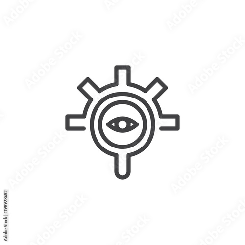 Magnifying optical glass with Gear and eye outline icon. linear style sign for mobile concept and web design. Search engine simple line vector icon. Symbol, logo illustration. Pixel perfect vector