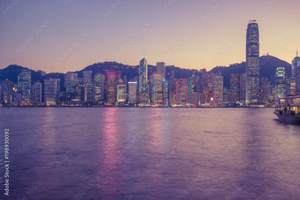 Hong Kong skyline in the evening over Victoria Harbour