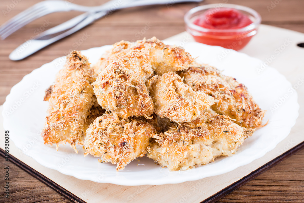 Homemade nuggets from chicken on a plate on a wooden table Homemade nuggets from chicken on a plate on a wooden table