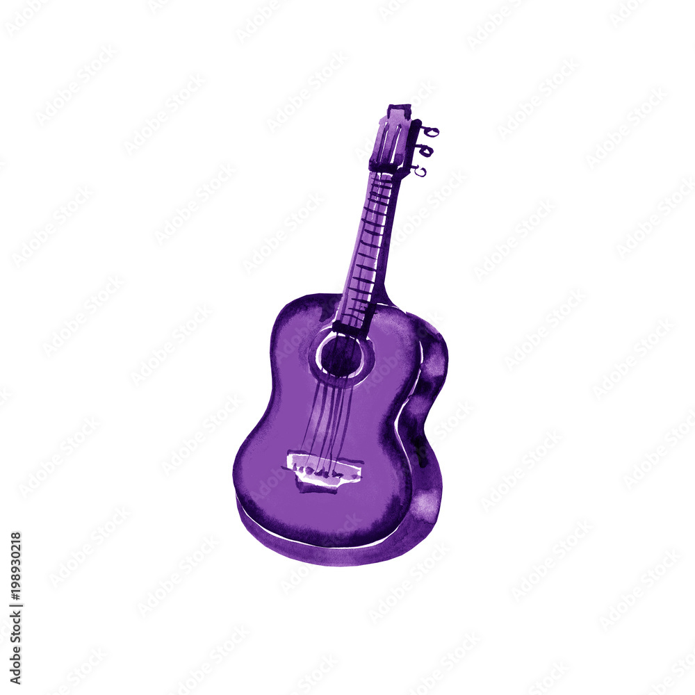 Acoustic guitar watercolor illustration violet on white background