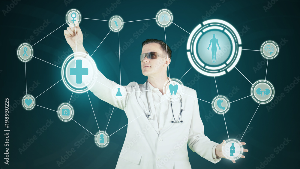 European male doctor working with virtual screen European male doctor working with virtual screen