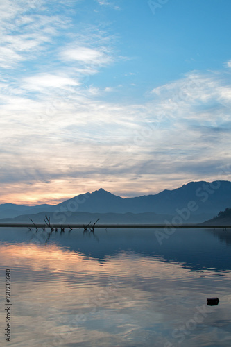 Sunrise over partially submerged dead tree branches in Lake Isabella in the southern Sierra Nevada mountains in central California United States