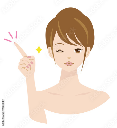 美容　女性　指さし　ウィンク