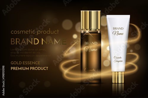 A beautiful cosmetic templates for ads, premium exhibition from realistic golden bottle and white tube on a gold shiny background with lighting flare effect