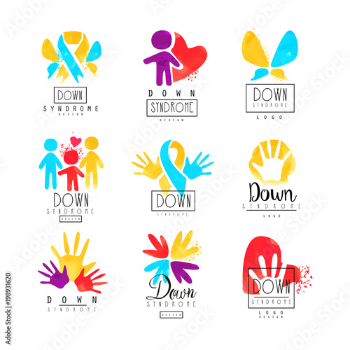 Set of abstract emblems with ribbons, humans and hands. Logos for medical centers. For invitation, charitable fund or postcard for Autism Awareness Day