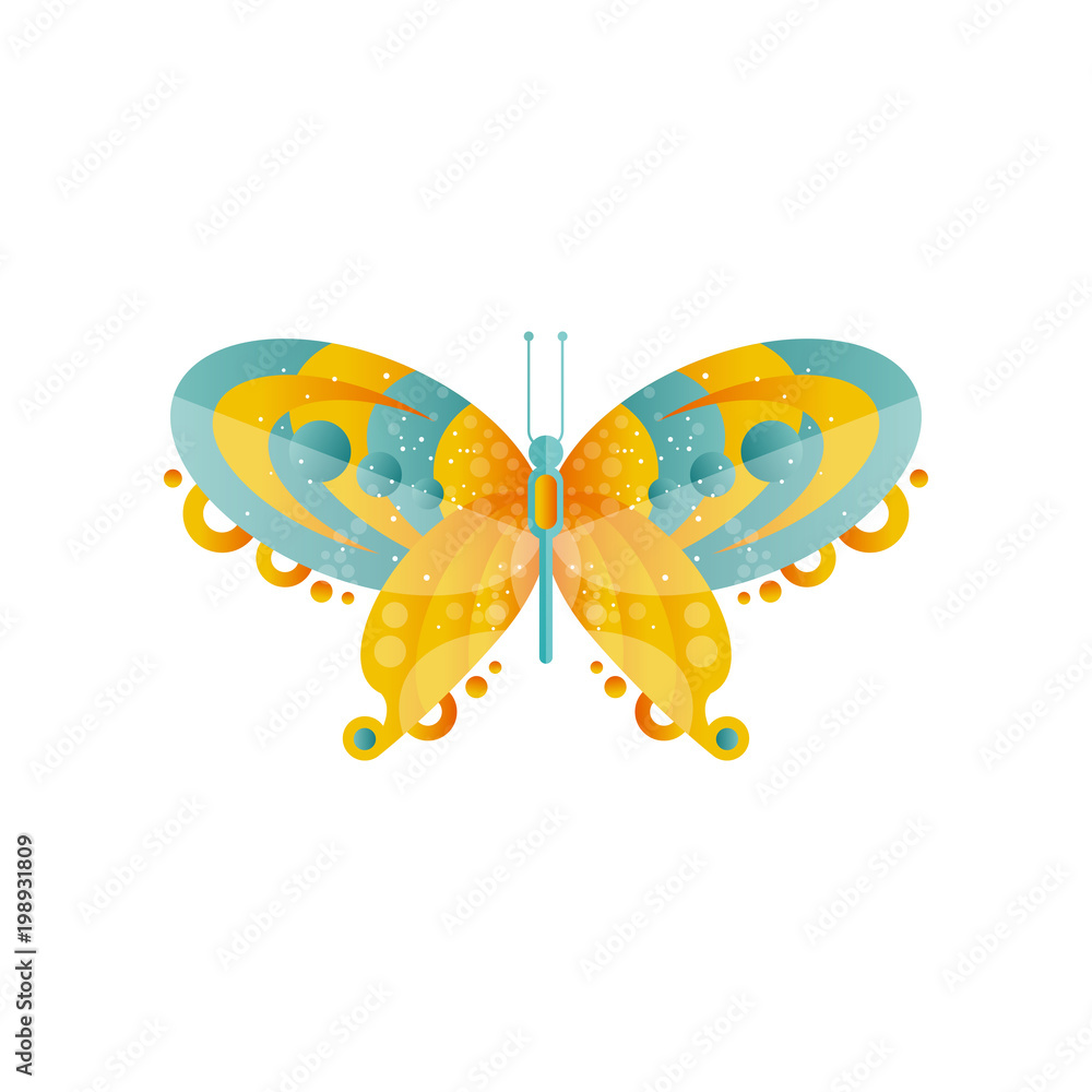 Wonderful abstract butterfly with green and orange wings. Original flat vector design with gradients and texture