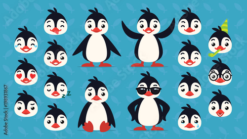 Cute penguin constructor. Vector illustration of arctic bird in different poses and its head shows emotions. Smiley. Print, chat, communication. Penguin in flat cartoon style on blue background.